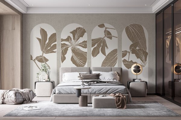 Fototapety Elegantní oblouky s květinovými vzory v béžové a bílé barvě na béžovém pozadí s texturou,, Fototapety příroda, w08866 : uwalls.cz