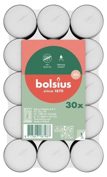 Sviečka Bolsius, čajová, 6 hod., biela, bal. 30 ks