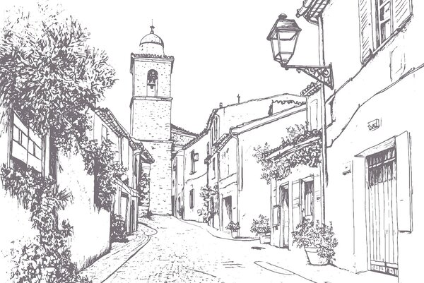 Fototapety Městská ulice, krásná architektura, budovy, Středomoří, kresba, béžová barva, Fototapety vintage, w03345v1 : uwalls.cz