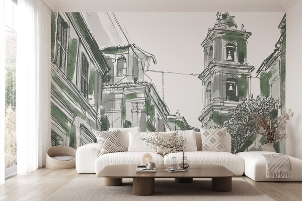 Fototapety Středomořská ulice, kaple, architektura, šedá a zelená barva, Fototapety city, w03350v2 : uwalls.cz