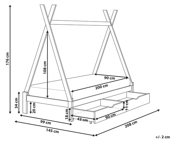 Dětská postel se zásuvkami Týpí Borovicové dřevo DEVAY 90 x 200 cm Bílá