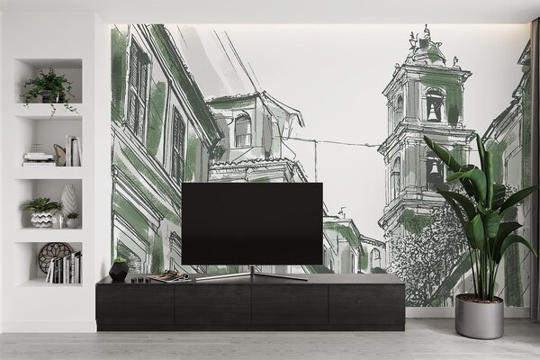 Fototapety Středomořská ulice, kaple, architektura, šedá a zelená barva, Fototapety city, w03350v2 : uwalls.cz