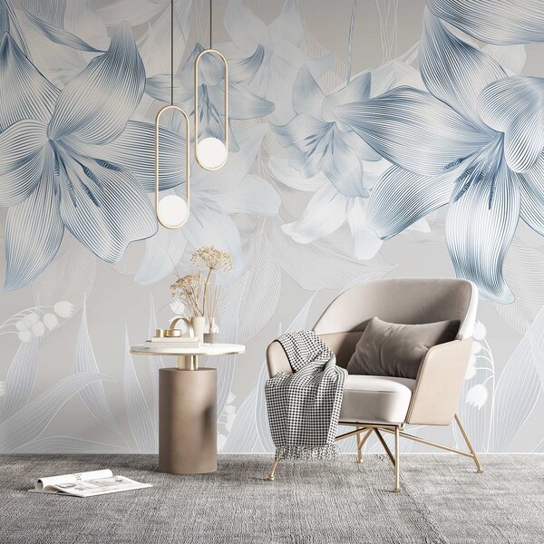 Fototapety Modré lilie se složitými linkovými detaily, elegantní květinové aranžmá, neutrální barevná, Fototapety květiny, w08912v1 : uwalls.cz
