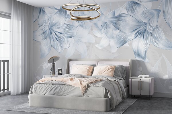 Fototapety Modré lilie se složitými linkovými detaily, elegantní květinové aranžmá, neutrální barevná, Fototapety květiny, w08912v1 : uwalls.cz