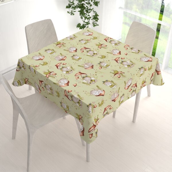 Biante Dětský bavlněný čtvercový ubrus Sandra SA-474 Žabky a zvířátka mezi houbami na zeleném 50x50 cm
