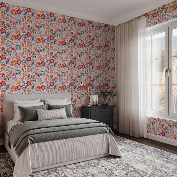 Tapety Jasná kompozice květin a bobulí s papoušky, Tapety dětské, Tapety pro dívku, a00046 : uwalls.cz