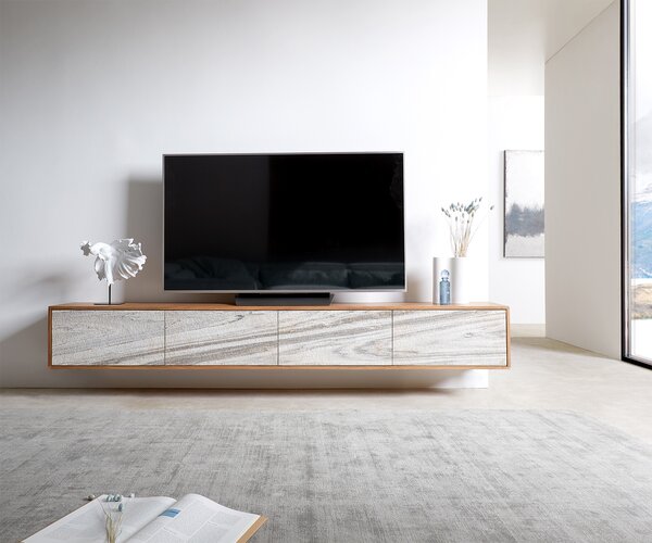 DELIFE TV stolek Kleo 220 cm akácie přírodní 4 dvířka závěsný
