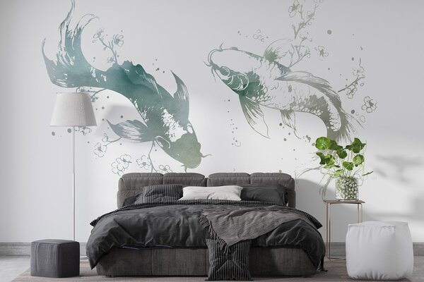 Fototapety Akvarel ryby, orientální styl, třešeň, zelené barvy, Fototapety akvarel, w03447v2 : uwalls.cz