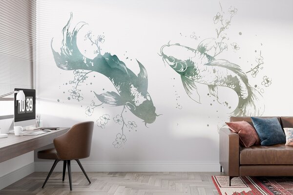 Fototapety Akvarel ryby, orientální styl, třešeň, zelené barvy, Fototapety akvarel, w03447v2 : uwalls.cz