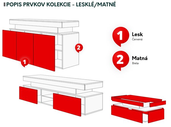 Souprava nábytku do obývacího pokoje Lesteralo I (bílá + lesk bílý) (s modrým LED osvětlením)