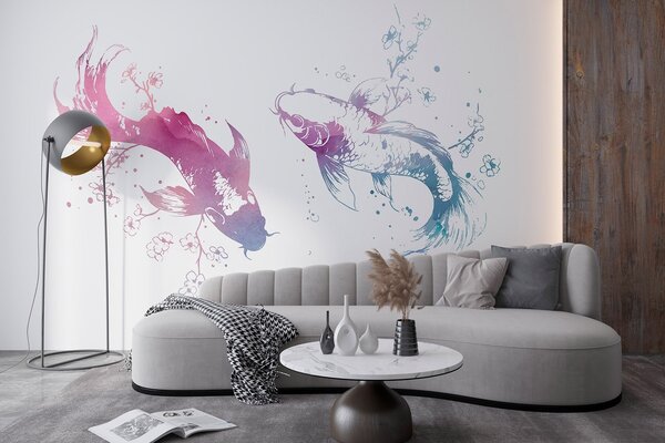 Fototapety Akvarelová ryba, orientální styl, třešeň, modrá a fialová barva, Fototapety akvarel, w03447 : uwalls.cz