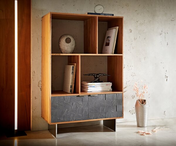 DELIFE Regál Teele 90x130 cm akácie přírodní břidlice 2 dvířka závěsná podnož nerezová ocel
