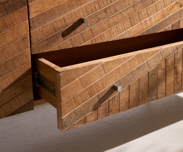 DELIFE TV stolek Bahan 175 cm mango teak 2 dvířka 2 zásuvky mramorová deska bílá podnož ve tvaru "V" nerezová ocel