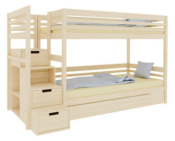 Patrová postel TULY s úložnými schody 90x200 cm - Nelakovaná, Zvolte šuplík: Přistýlka 90x190 cm, Zvolte stranu: Vlevo