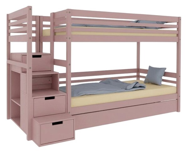 Patrová postel TULY s úložnými schody 90x200 cm - Pastelově růžová, Zvolte šuplík: Přistýlka 90x190 cm, Zvolte stranu: Vlevo
