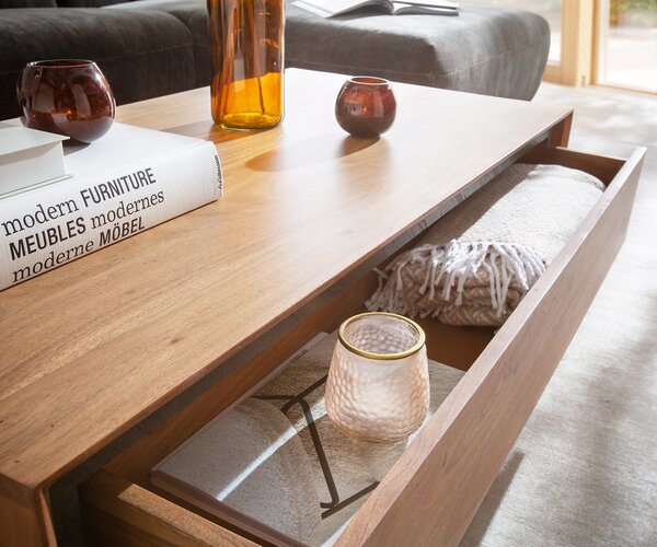 DELIFE Konferenční stolek Stonegrace 115x60 cm akácie přírodní 2 zásuvky kamenná dýha