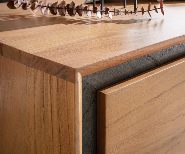 DELIFE Konferenční stolek Stonegrace 80x60 cm akácie přírodní 2 zásuvky kamenná dýha