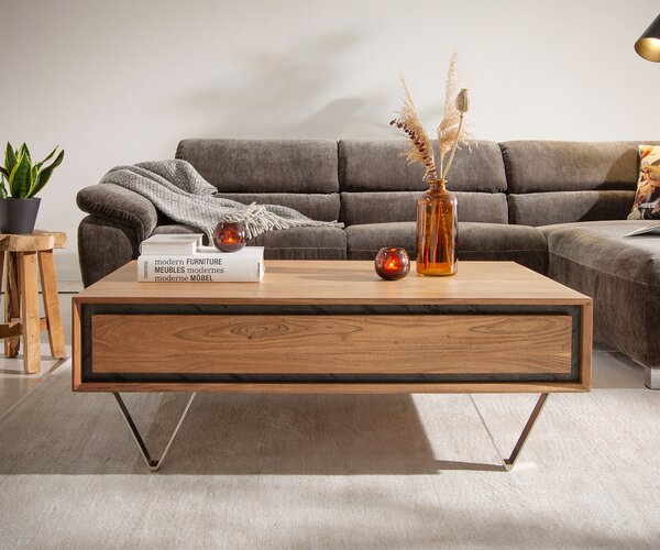 DELIFE Konferenční stolek Stonegrace 115x60 cm akácie přírodní 2 zásuvky kamenná dýha
