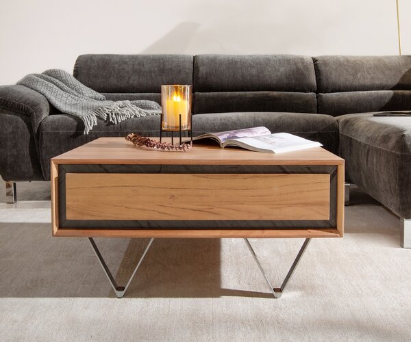 DELIFE Konferenční stolek Stonegrace 80x60 cm akácie přírodní 2 zásuvky kamenná dýha