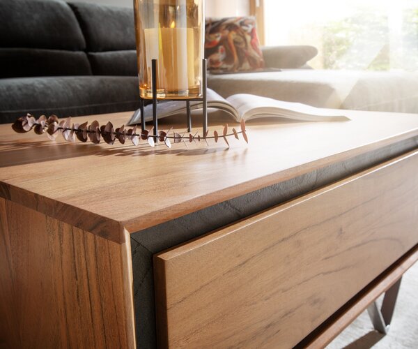 DELIFE Konferenční stolek Stonegrace 80x60 cm akácie přírodní 2 zásuvky kamenná dýha
