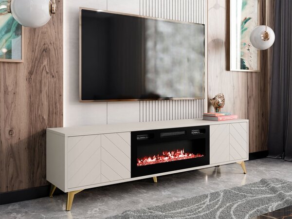 TV skříňka s krbem Semprum 2D EF (pískově béžová + zlatá)