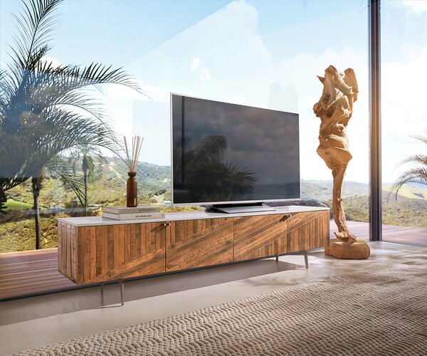 DELIFE TV stolek Bahan 200 cm mango teak 4 dvířka mramorová deska bílá rohová podnož nerezová ocel