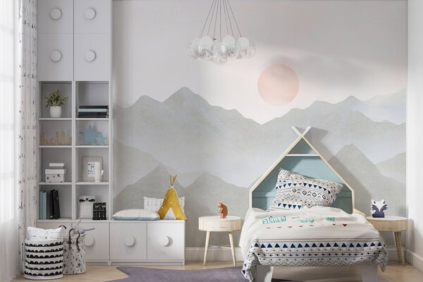 Fototapety Boho styl hory krajina, západ slunce, měkké pastelové, šedé, Fototapety minimalismus, w03547v1 : uwalls.cz