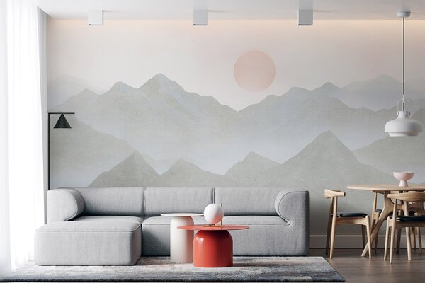 Fototapety Boho styl hory krajina, západ slunce, měkké pastelové, šedé, Fototapety minimalismus, w03547v1 : uwalls.cz