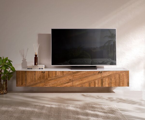 DELIFE TV stolek Bahan 200 cm mango teak 4 dvířka mramorová deska bílá závěsný