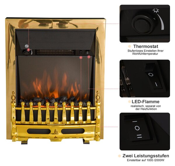Elektrický krb Stojící krb s efektem plamene 1000/2000W 48,2 x 18,5 x 59,2 cm ve zlaté barvě pro příjemné večery