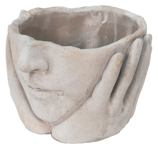 Béžovo-šedý cementový květináč ruce podpírající obličej – 19x19x13 cm