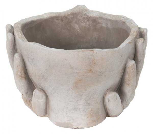 Béžovo-šedý cementový květináč ruce podpírající obličej – 19x19x13 cm