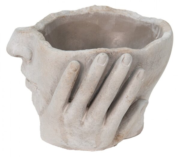 Béžovo-šedý cementový květináč ruce podpírající obličej – 19x19x13 cm