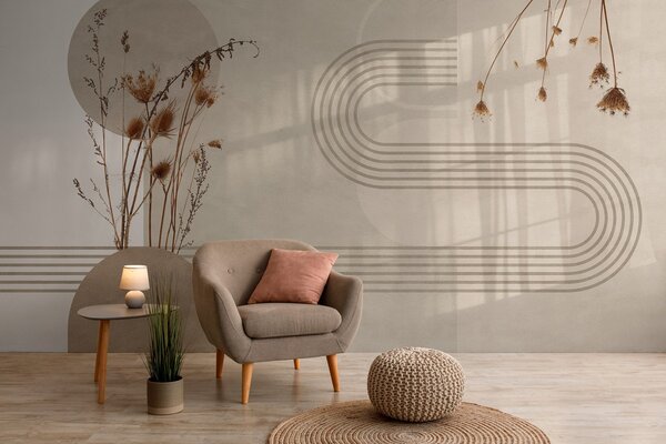 Fototapety stylová geometrie a sušené květiny v béžových tónech, Fototapety boho, w03449 : uwalls.cz