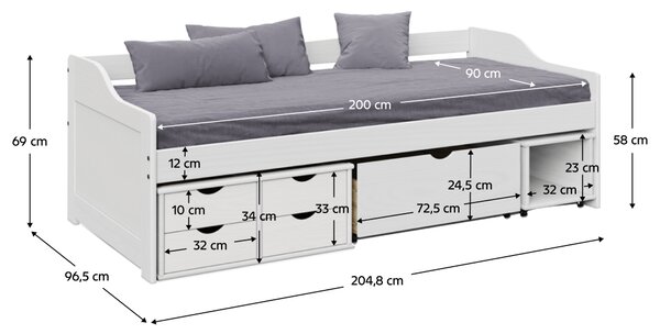 KONDELA Postel s úložným prostorem, bílá, masiv, 90x200, MAXI NEW