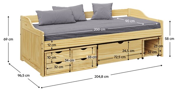 KONDELA Postel s úložným prostorem, přírodní, masiv, 90x200, MAXI NEW