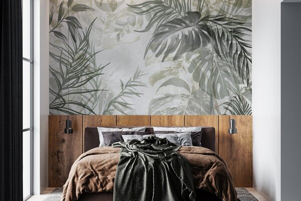 Fototapety Monstera a palmové listy v odstínech zelené a šedé, botanické, tropické listí, rostliny džungle,, Fototapety příroda, w09011 : uwalls.cz