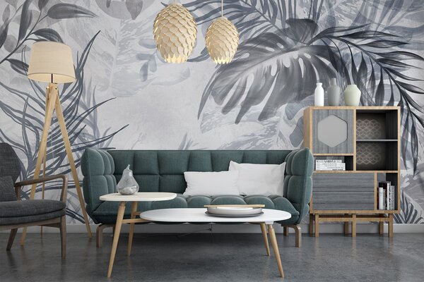 Fototapety Monstera a palmové listy v odstínech modré a šedé, botanické, tropické listí,, Fototapety les, Fototapety tropické, w09011v1 : uwalls.cz