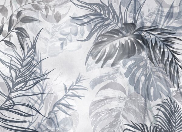 Fototapety Monstera a palmové listy v odstínech modré a šedé, botanické, tropické listí,, Fototapety les, Fototapety tropické, w09011v1 : uwalls.cz