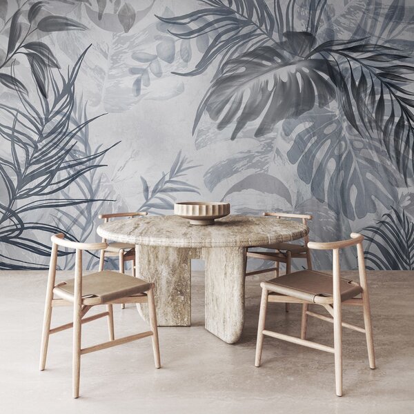 Fototapety Monstera a palmové listy v odstínech modré a šedé, botanické, tropické listí,, Fototapety les, Fototapety tropické, w09011v1 : uwalls.cz
