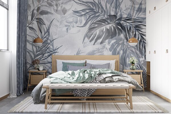 Fototapety Monstera a palmové listy v odstínech modré a šedé, botanické, tropické listí,, Fototapety les, Fototapety tropické, w09011v1 : uwalls.cz