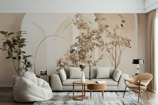 Fototapety Rostliny v květináčích v béžových tónech před abstraktními oblouky, minimalistický styl, elegantní a, Fototapety 3D, w09013 : uwalls.cz