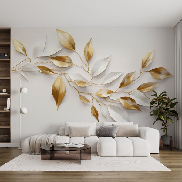 Fototapety Žluté a bílé listy na větvi , elegantní design, bílé pozadí, minimalistický styl, dekorativní umění ,, Fototapety 3D, w09015 : uwalls.cz