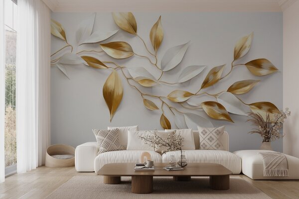 Fototapety Žluté a bílé listy na větvi , elegantní design, bílé pozadí, minimalistický styl, dekorativní umění ,, Fototapety 3D, w09015 : uwalls.cz