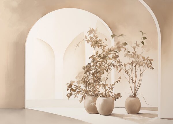 Fototapety Rostliny v květináčích v béžových tónech před abstraktními oblouky, minimalistický styl, elegantní a, Fototapety 3D, w09013 : uwalls.cz