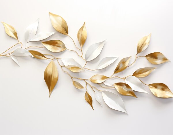 Fototapety Žluté a bílé listy na větvi , elegantní design, bílé pozadí, minimalistický styl, dekorativní umění ,, Fototapety 3D, w09015 : uwalls.cz