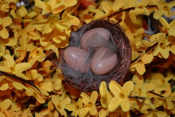 CERINO Hnízdo dekorační s vajíčkama 7cm s peříčky