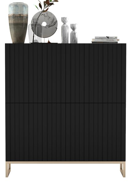 Komoda RTV Glamour 4D TV skříňka Moderní Nábytek Lindner 112cm x 36,5cm x 126 cm Barva: Černá matná Rám: Zlatý -kovová