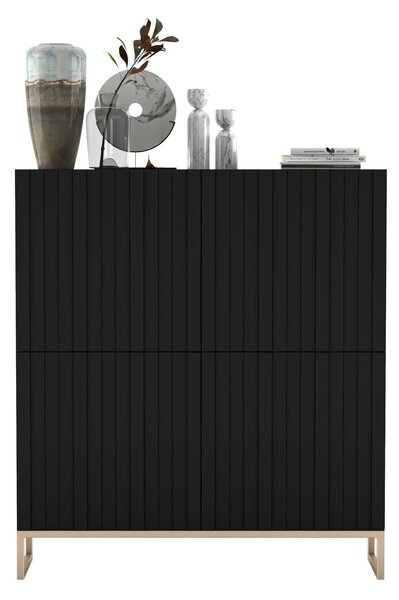 Komoda RTV Glamour 4D TV skříňka Moderní Nábytek Lindner 112cm x 36,5cm x 126 cm Barva: Černá matná Rám: Zlatý -kovová
