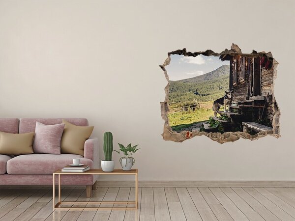 Díra 3D ve zdi nálepka Dřevěný dům hory nd-k-131816797
